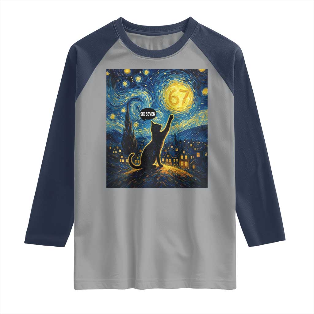 67 Cat Meme Raglan Shirt Funny Six Seven Cat Starry Night Van Gogh TS14 Sport Gray Navy Print Your Wear