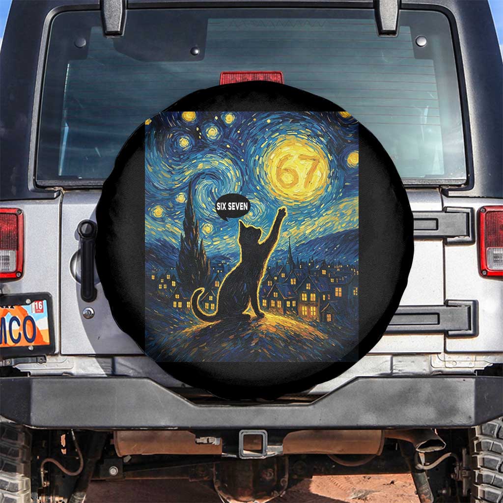 67 Cat Meme Spare Tire Cover Funny Six Seven Cat Starry Night Van Gogh TS14 No hole Black Print Your Wear