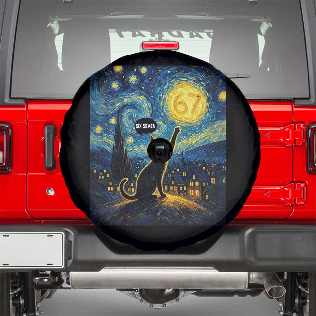 67 Cat Meme Spare Tire Cover Funny Six Seven Cat Starry Night Van Gogh TS14 Black Print Your Wear