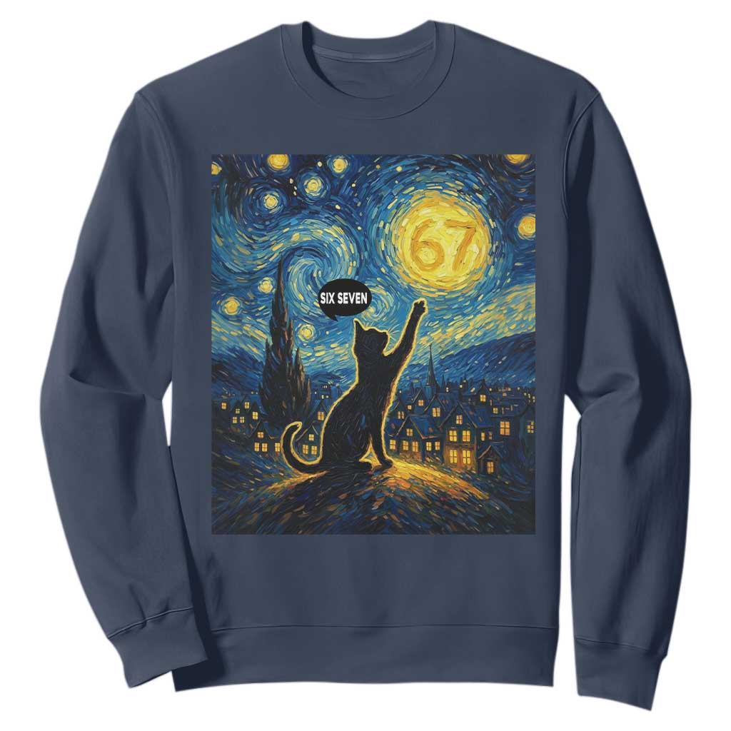 67 Cat Meme Sweatshirt Funny Six Seven Cat Starry Night Van Gogh TS14 Navy Print Your Wear