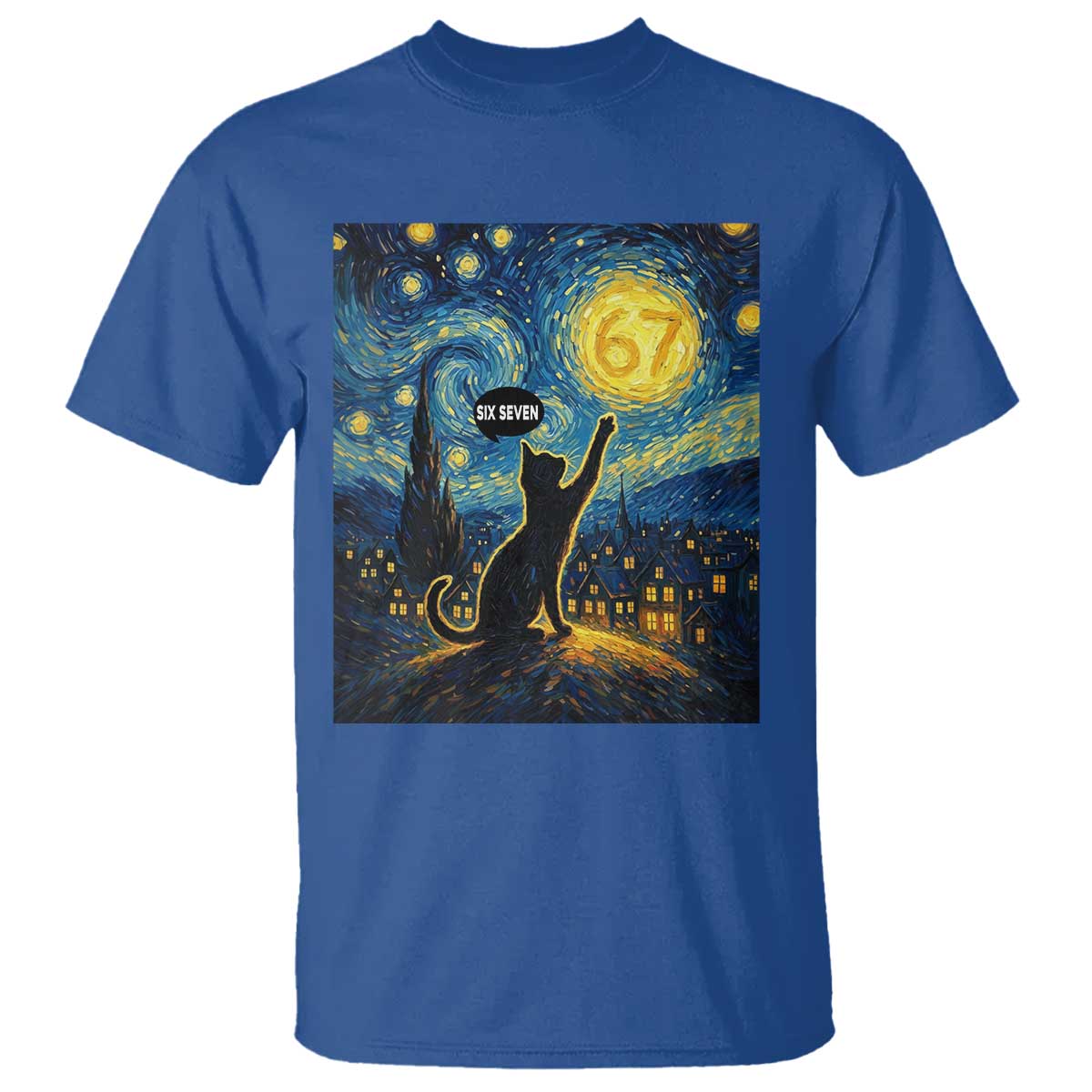 67 Cat Meme T Shirt Funny Six Seven Cat Starry Night Van Gogh TS14 Royal Blue Print Your Wear