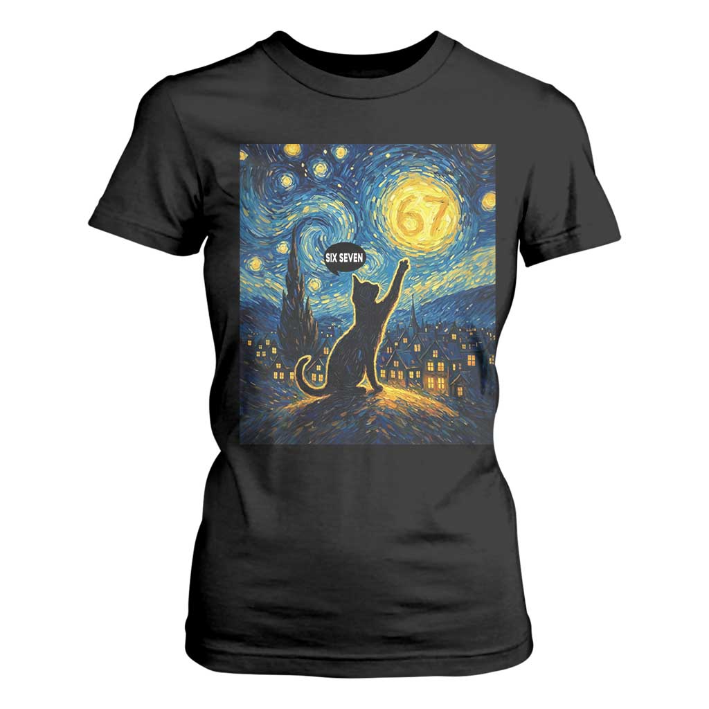 67 Cat Meme T Shirt For Women Funny Six Seven Cat Starry Night Van Gogh TS14 Black Print Your Wear
