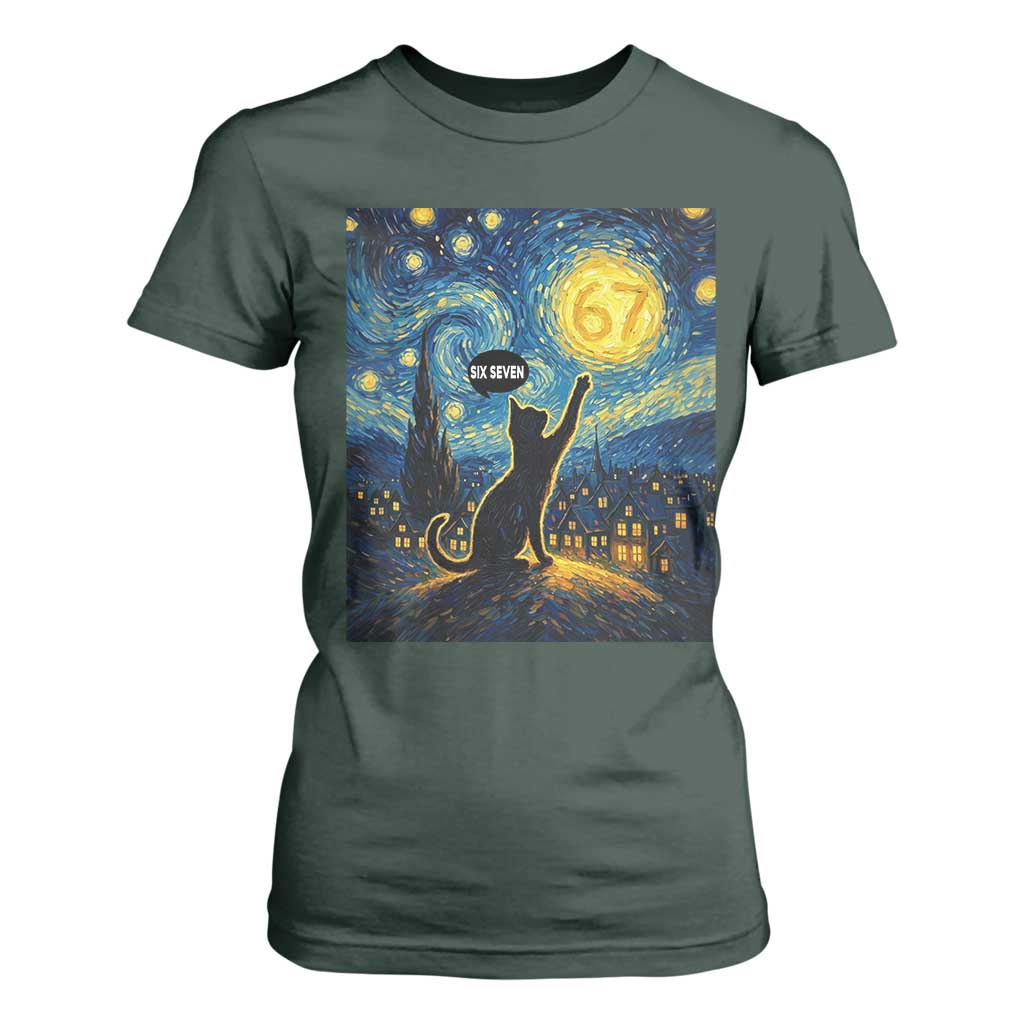 67 Cat Meme T Shirt For Women Funny Six Seven Cat Starry Night Van Gogh TS14 Dark Forest Green Print Your Wear