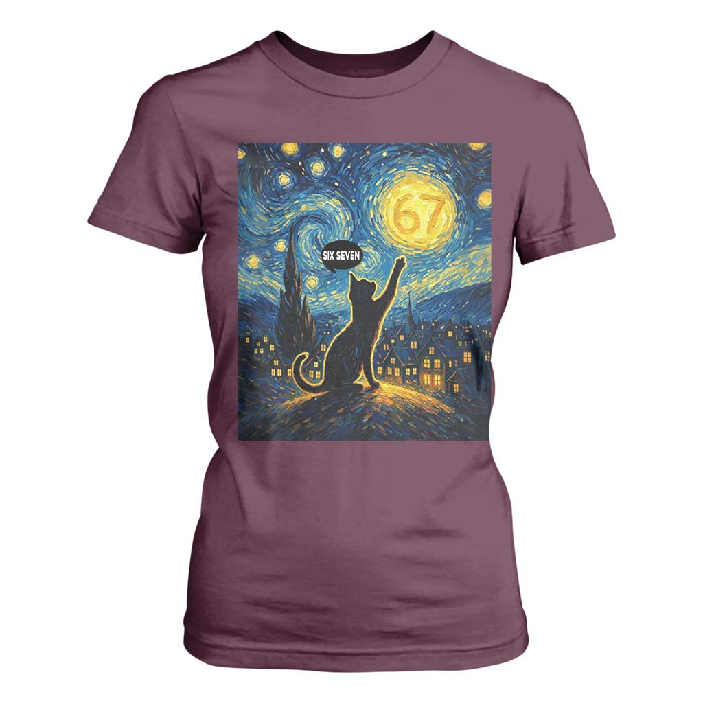 67 Cat Meme T Shirt For Women Funny Six Seven Cat Starry Night Van Gogh TS14 Maroon Print Your Wear