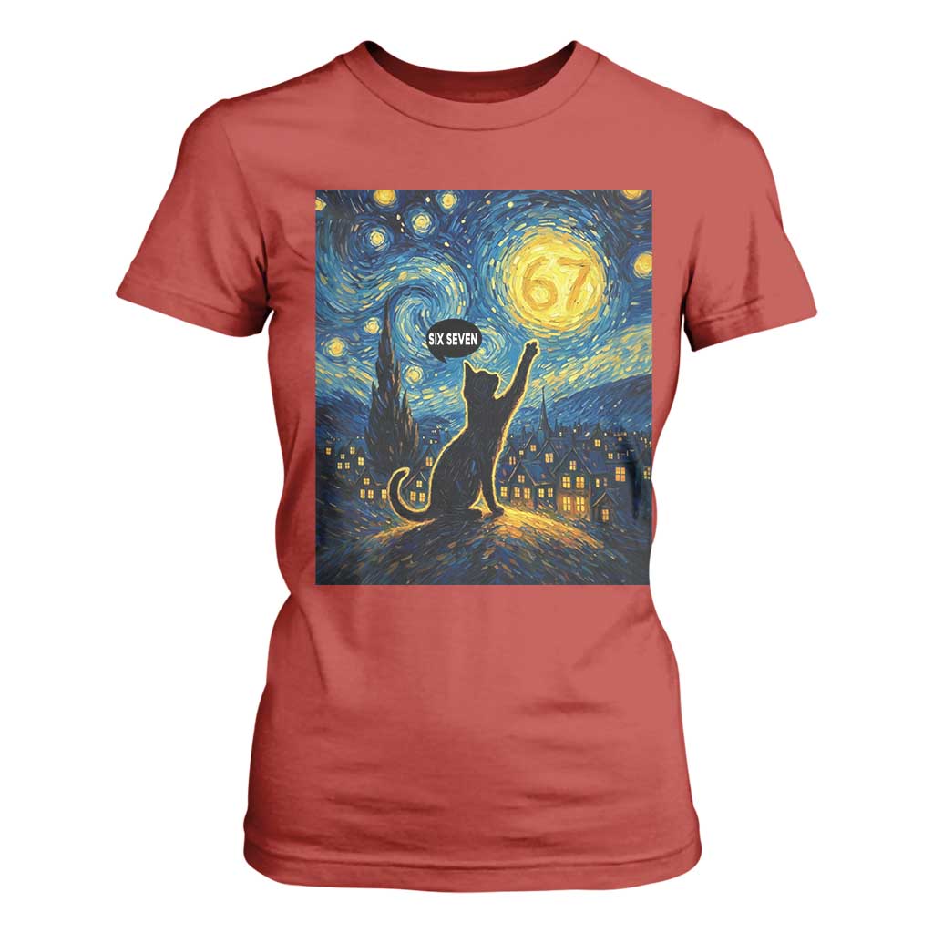 67 Cat Meme T Shirt For Women Funny Six Seven Cat Starry Night Van Gogh TS14 Red Print Your Wear