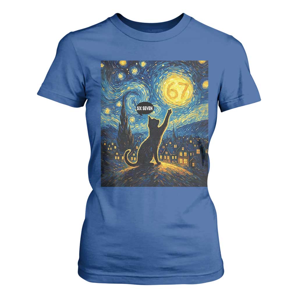 67 Cat Meme T Shirt For Women Funny Six Seven Cat Starry Night Van Gogh TS14 Royal Blue Print Your Wear