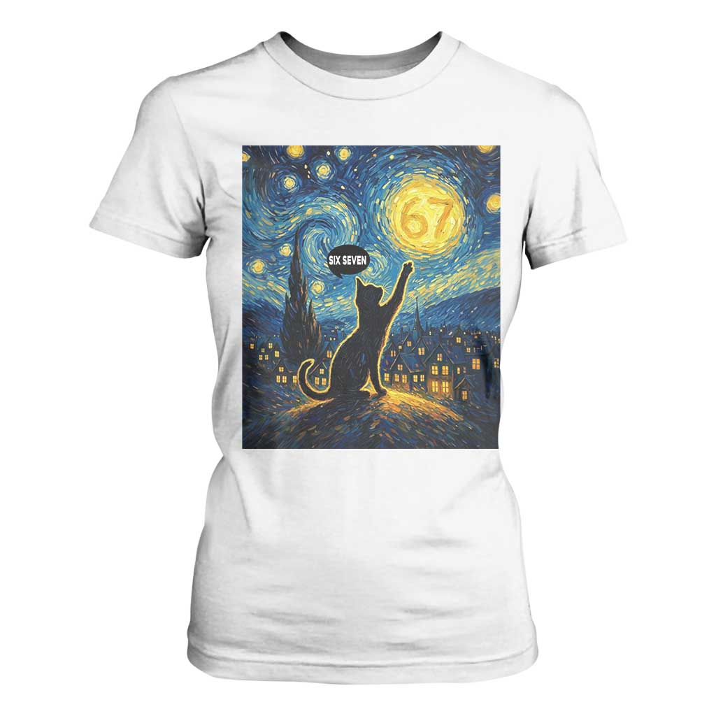 67 Cat Meme T Shirt For Women Funny Six Seven Cat Starry Night Van Gogh TS14 White Print Your Wear