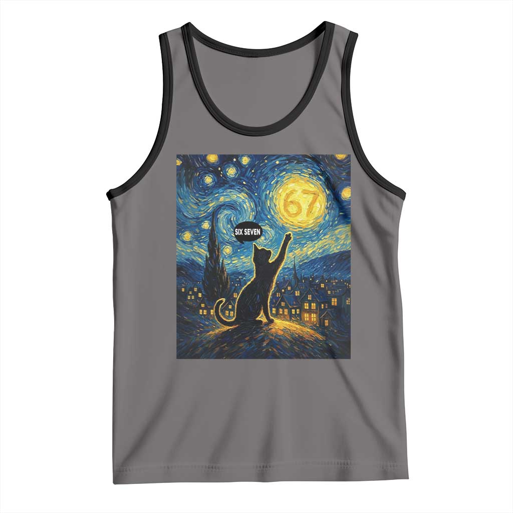 67 Cat Meme Tank Top Funny Six Seven Cat Starry Night Van Gogh TS14 Deep Heather Black Print Your Wear