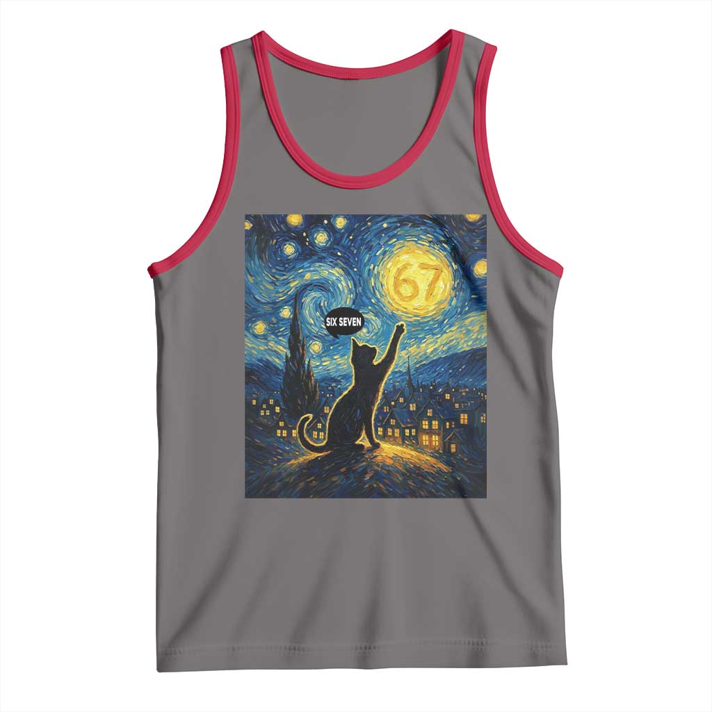 67 Cat Meme Tank Top Funny Six Seven Cat Starry Night Van Gogh TS14 Deep Heather Red Print Your Wear