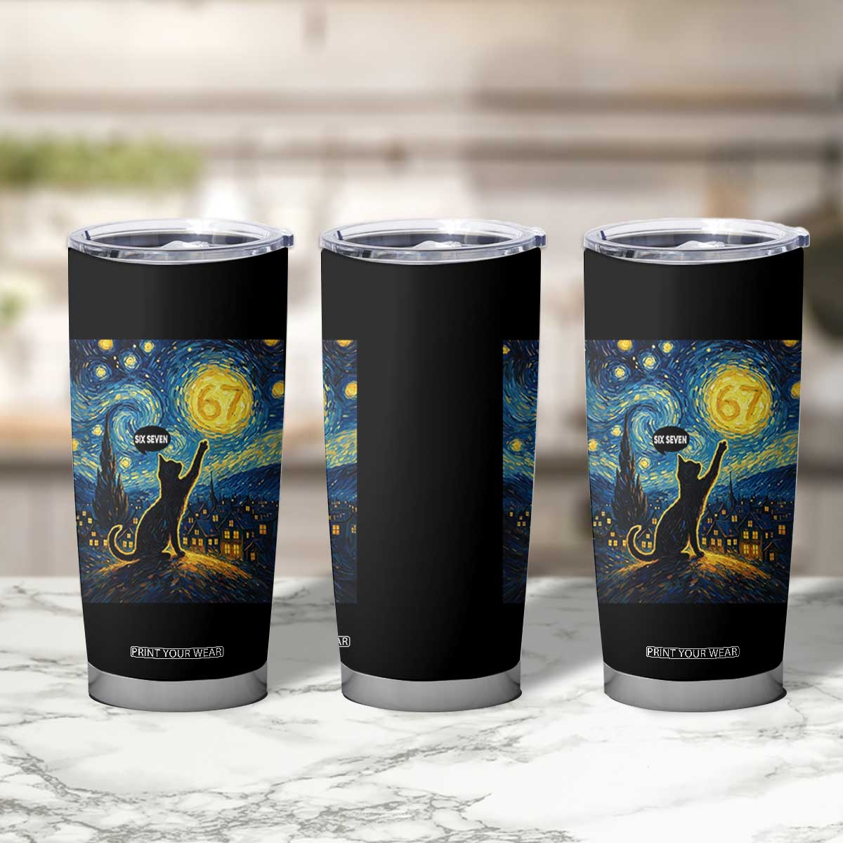 67 Cat Meme Tumbler Cup Funny Six Seven Cat Starry Night Van Gogh TS14 Print Your Wear