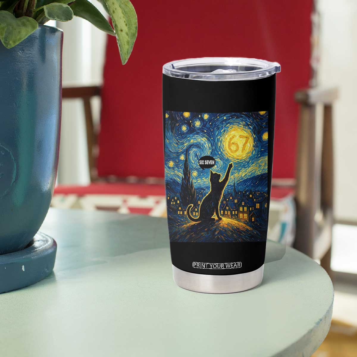 67 Cat Meme Tumbler Cup Funny Six Seven Cat Starry Night Van Gogh TS14 Print Your Wear