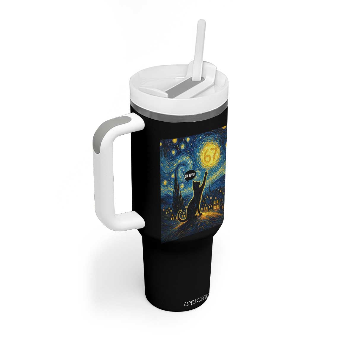 67 Cat Meme Tumbler With Handle Funny Six Seven Cat Starry Night Van Gogh TS14 Print Your Wear
