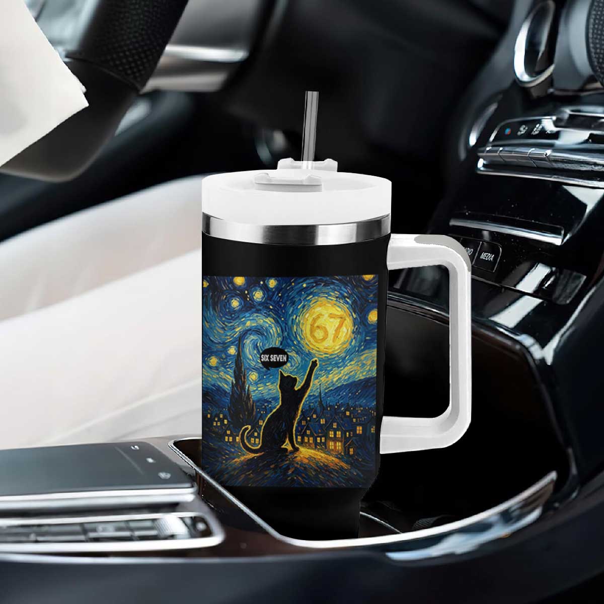 67 Cat Meme Tumbler With Handle Funny Six Seven Cat Starry Night Van Gogh TS14 Print Your Wear
