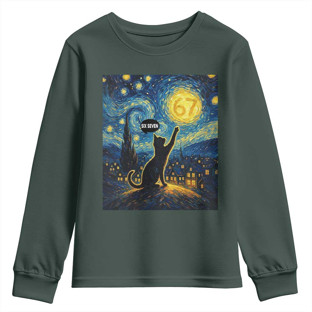 67 Cat Meme Youth Sweatshirt Funny Six Seven Cat Starry Night Van Gogh TS14 Dark Forest Green Print Your Wear