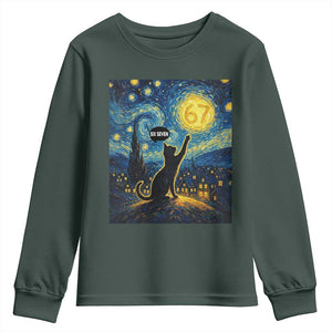 67 Cat Meme Youth Sweatshirt Funny Six Seven Cat Starry Night Van Gogh TS14 Dark Forest Green Print Your Wear