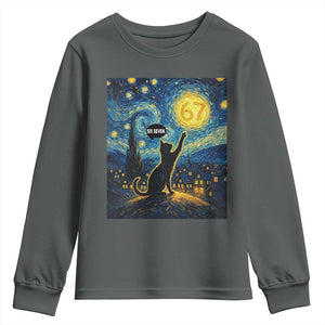67 Cat Meme Youth Sweatshirt Funny Six Seven Cat Starry Night Van Gogh TS14 Dark Heather Print Your Wear