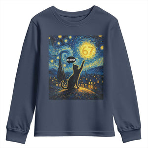 67 Cat Meme Youth Sweatshirt Funny Six Seven Cat Starry Night Van Gogh TS14 Navy Print Your Wear