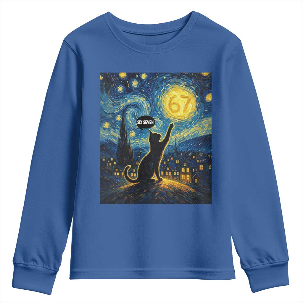 67 Cat Meme Youth Sweatshirt Funny Six Seven Cat Starry Night Van Gogh TS14 Royal Blue Print Your Wear
