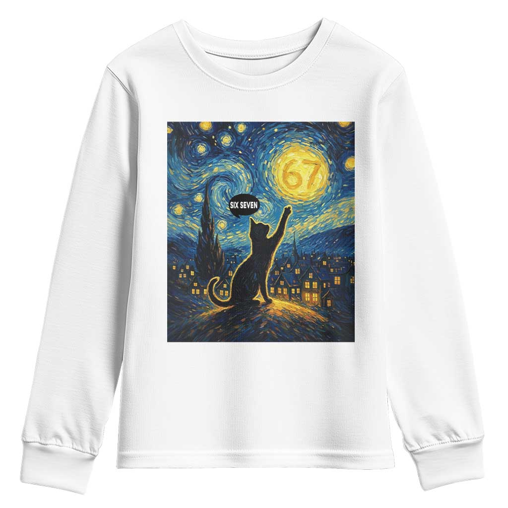 67 Cat Meme Youth Sweatshirt Funny Six Seven Cat Starry Night Van Gogh TS14 White Print Your Wear