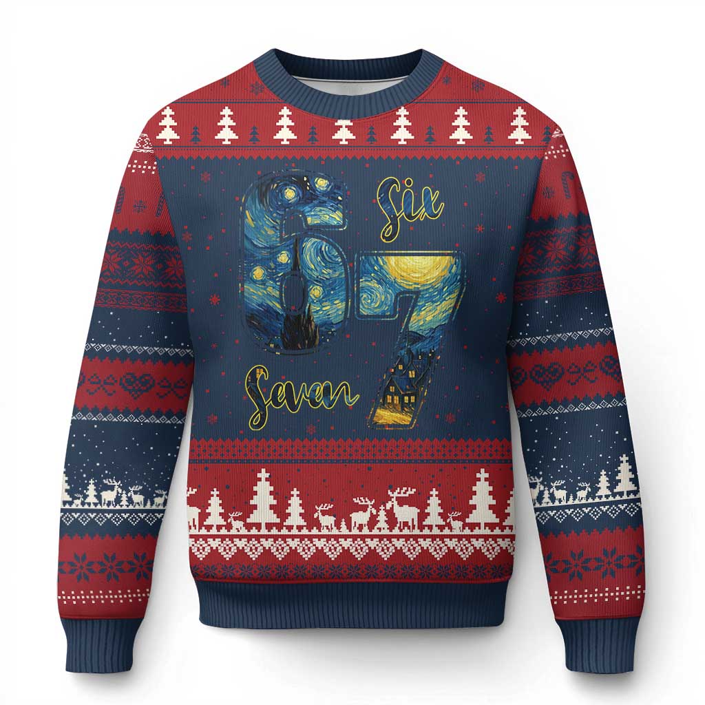 67 Six Seven Meme Ugly Christmas Sweater Starry Night Van Gogh TS14 Navy Red Print Your Wear