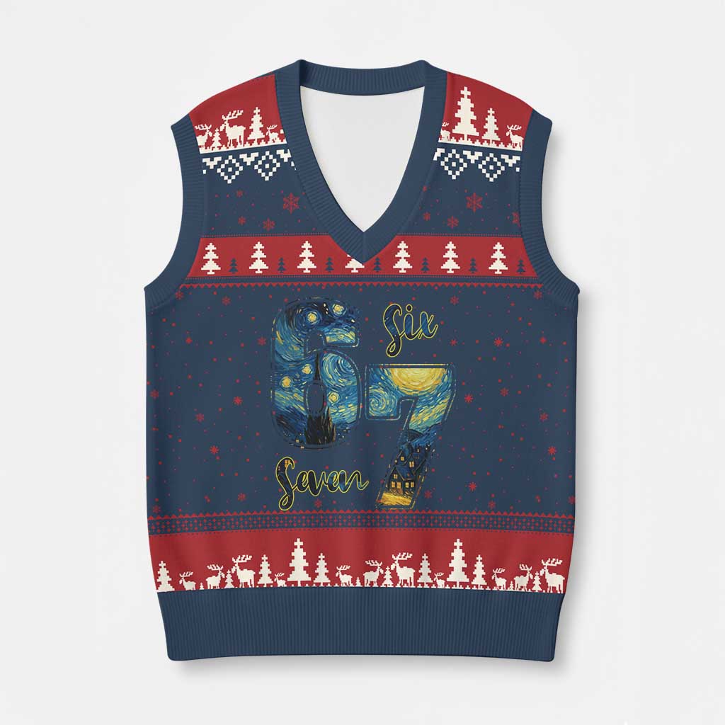 67 Six Seven Meme V-Neck Knit Sweater Vest Starry Night Van Gogh TS14 Navy Red Print Your Wear