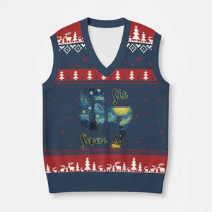 67 Six Seven Meme V-Neck Knit Sweater Vest Starry Night Van Gogh TS14 Navy Red Print Your Wear