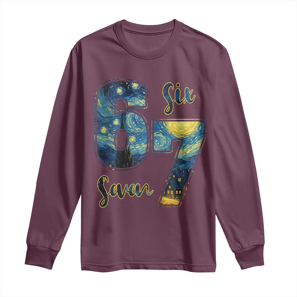 67 Six Seven Meme Long Sleeve Shirt Starry Night Van Gogh TS14 Maroon Print Your Wear