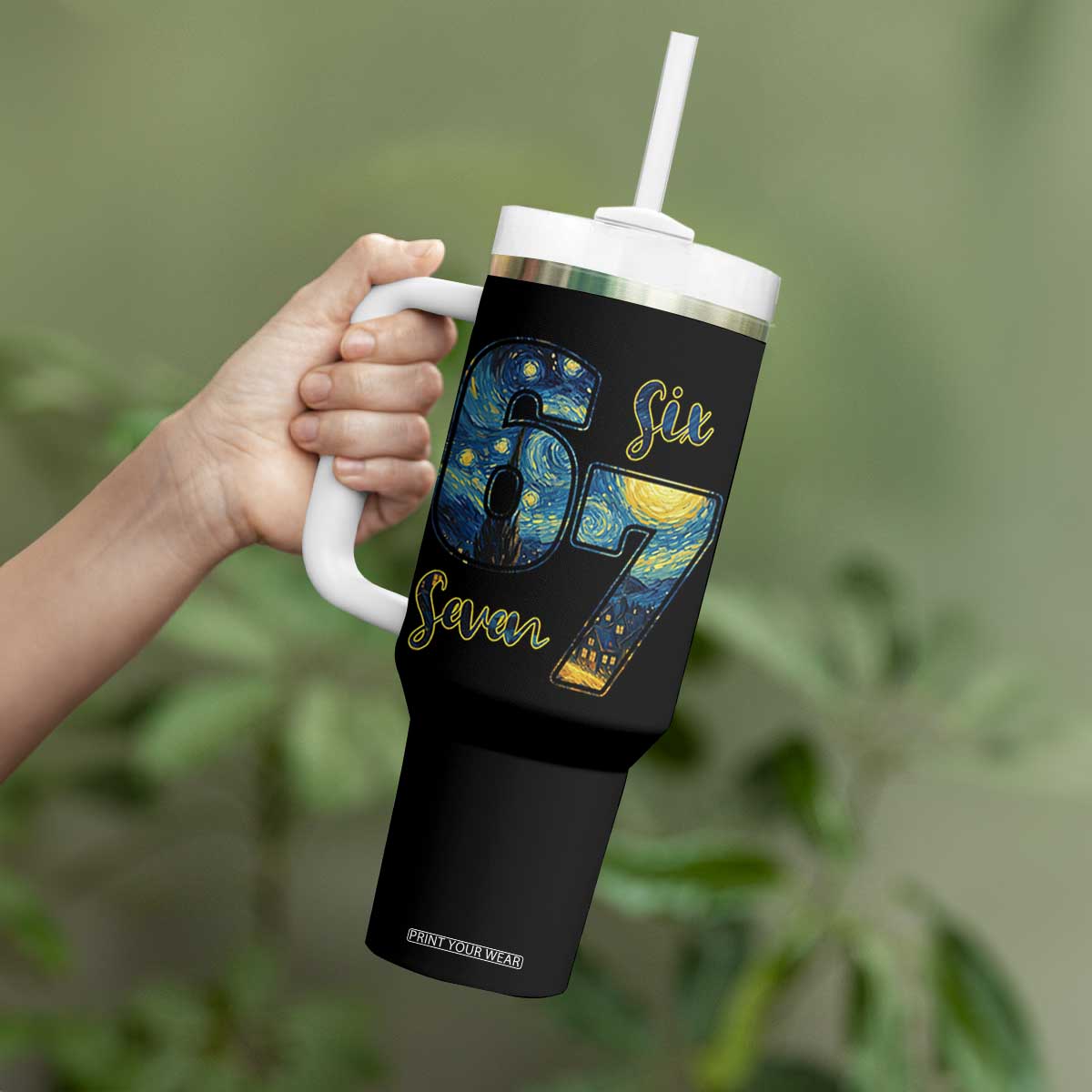 67 Six Seven Meme Tumbler With Handle Starry Night Van Gogh TS14 Print Your Wear