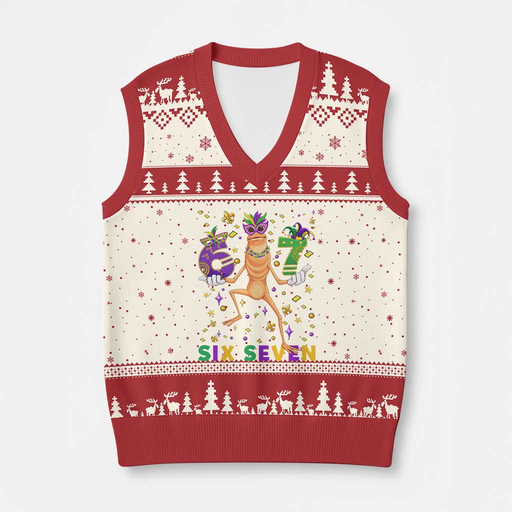 67 Mardi Gras V-Neck Knit Sweater Vest Marcus The Worm Carnival Trendy Meme TS14 Beige Red Print Your Wear