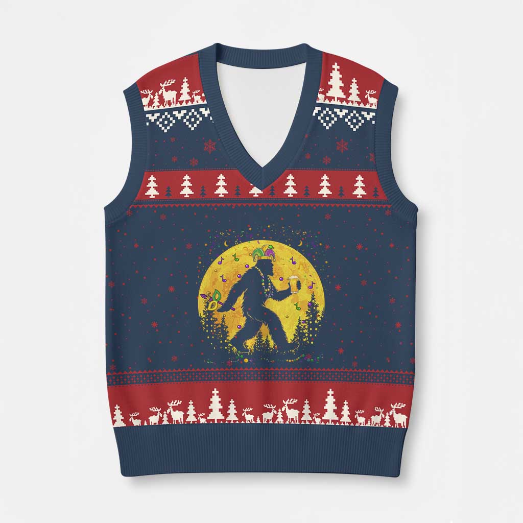 Mardi Gras Bigfoot V-Neck Knit Sweater Vest Funny Sasquatch Carnival Trendy Meme TS14 Navy Red Print Your Wear