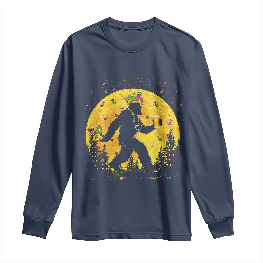 Mardi Gras Bigfoot Long Sleeve Shirt Funny Sasquatch Carnival Trendy Meme TS14 Navy Print Your Wear