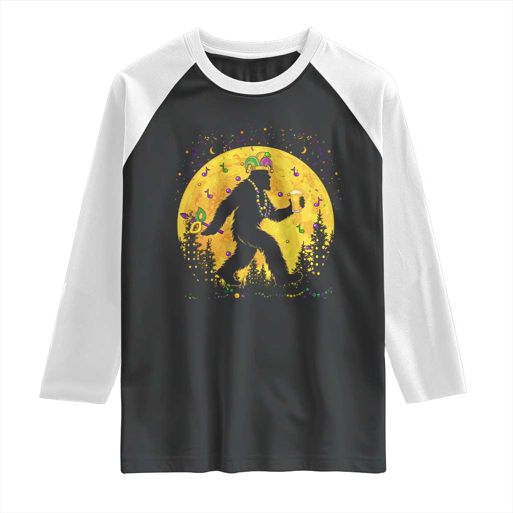 Mardi Gras Bigfoot Raglan Shirt Funny Sasquatch Carnival Trendy Meme TS14 Black White Print Your Wear