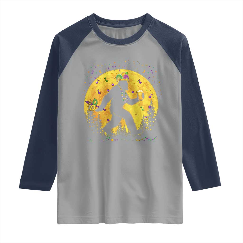 Mardi Gras Bigfoot Raglan Shirt Funny Sasquatch Carnival Trendy Meme TS14 Sport Gray Navy Print Your Wear