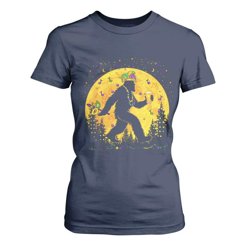Mardi Gras Bigfoot T Shirt For Women Funny Sasquatch Carnival Trendy Meme TS14 Navy Print Your Wear