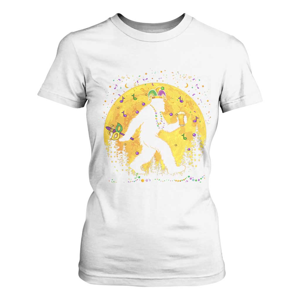 Mardi Gras Bigfoot T Shirt For Women Funny Sasquatch Carnival Trendy Meme TS14 White Print Your Wear