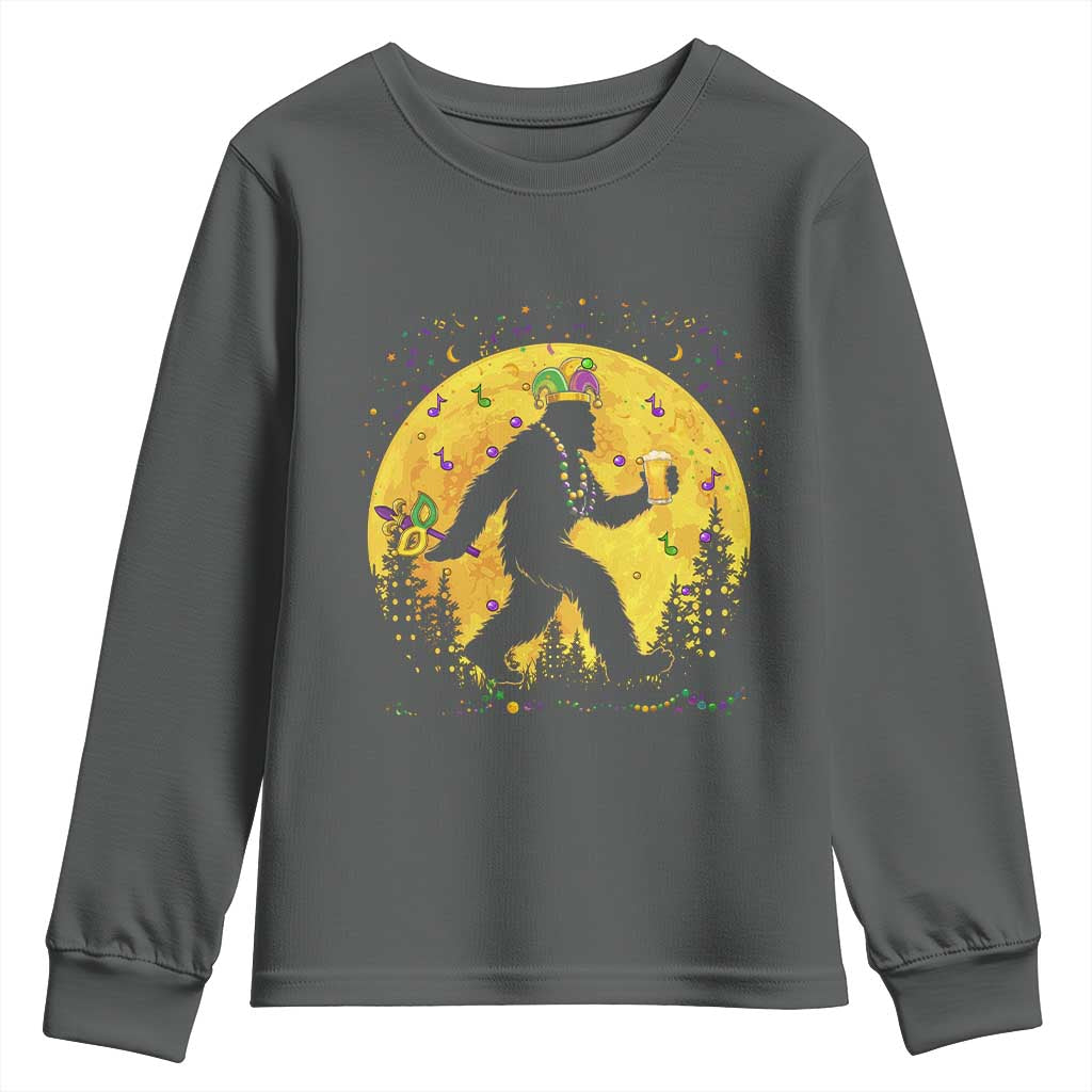 Mardi Gras Bigfoot Youth Sweatshirt Funny Sasquatch Carnival Trendy Meme TS14 Dark Heather Print Your Wear