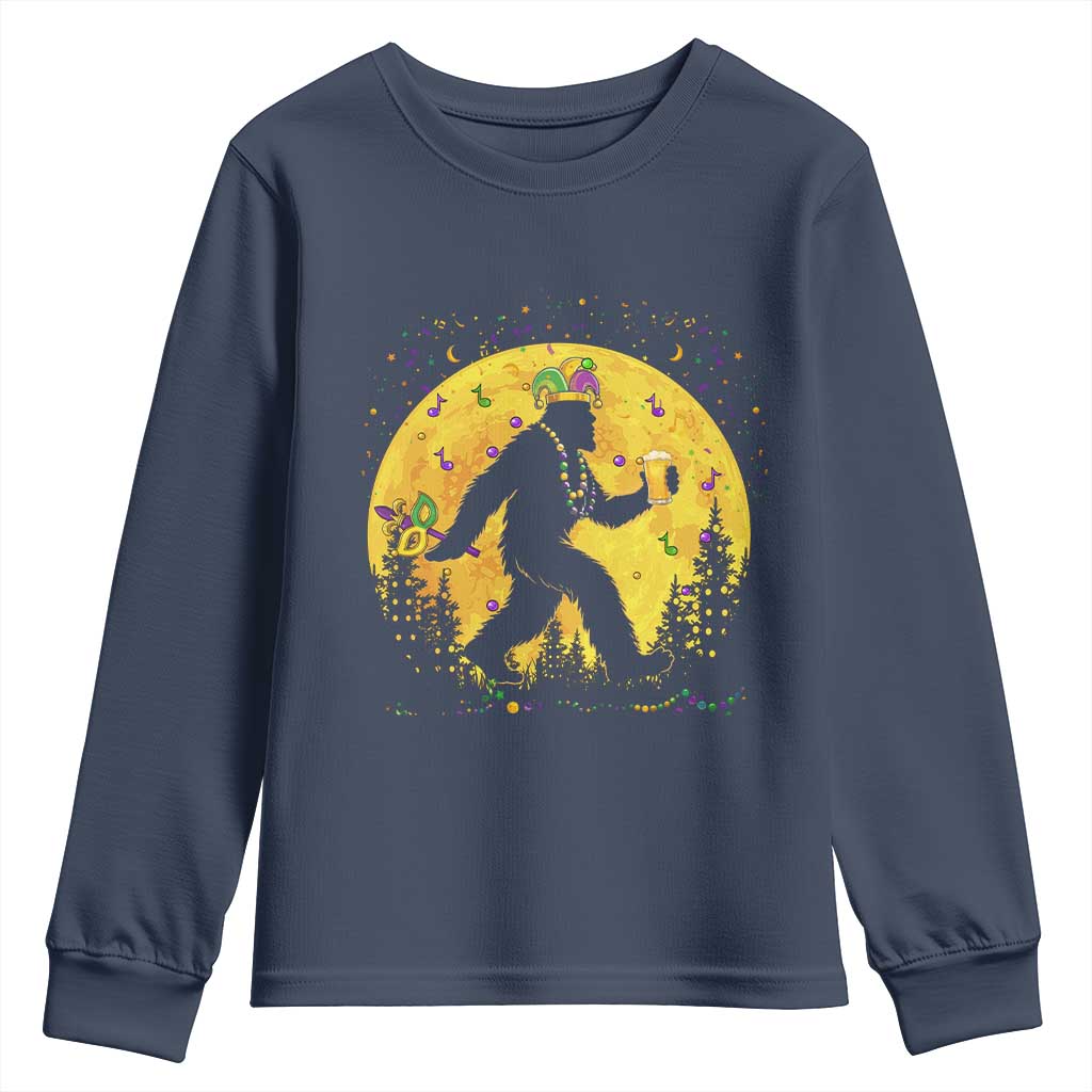 Mardi Gras Bigfoot Youth Sweatshirt Funny Sasquatch Carnival Trendy Meme TS14 Navy Print Your Wear