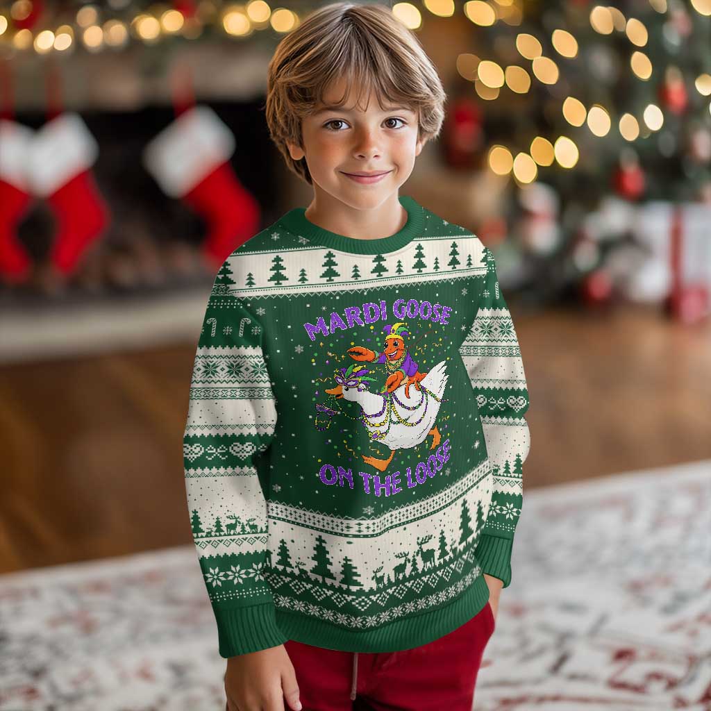 Funny Mardi Gras Ugly Christmas Sweater Goose Crawfish Carnival Trendy Meme TS14 Forest Green Beige Print Your Wear