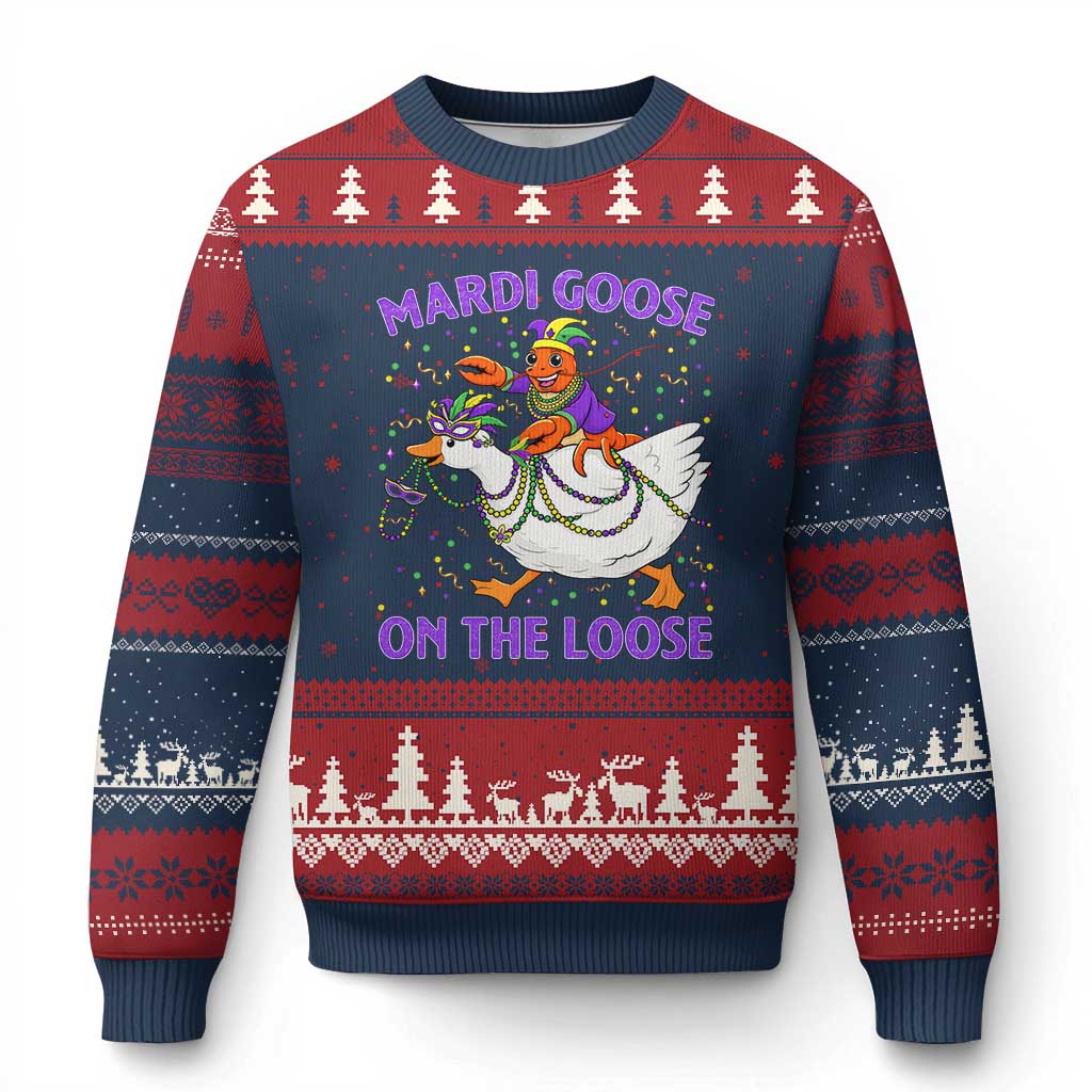 Funny Mardi Gras Ugly Christmas Sweater Goose Crawfish Carnival Trendy Meme TS14 Navy Red Print Your Wear