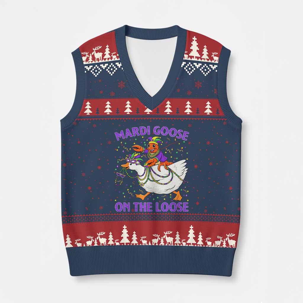 Funny Mardi Gras V-Neck Knit Sweater Vest Goose Crawfish Carnival Trendy Meme TS14 Navy Red Print Your Wear