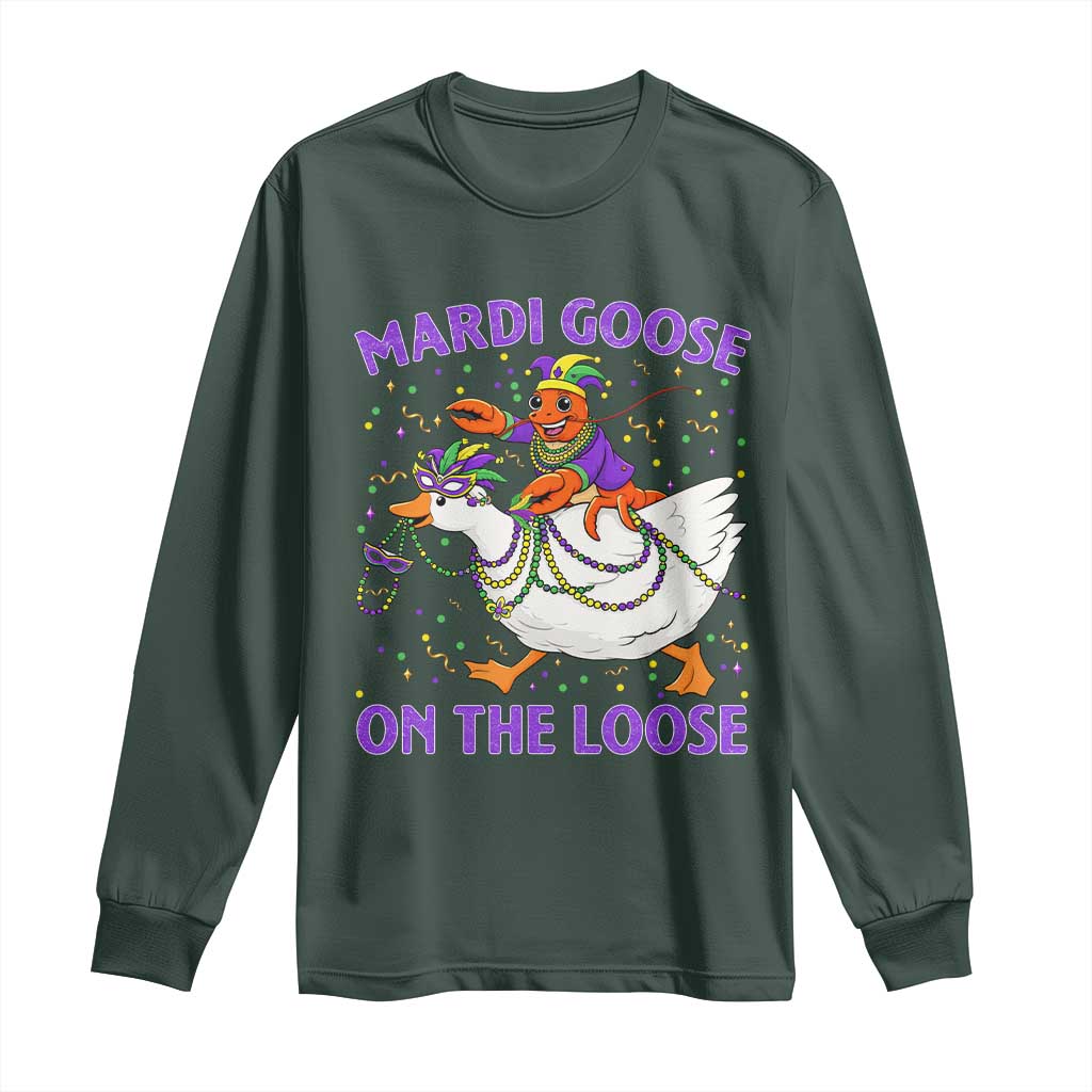 Funny Mardi Gras Long Sleeve Shirt Goose Crawfish Carnival Trendy Meme TS14 Dark Forest Green Print Your Wear