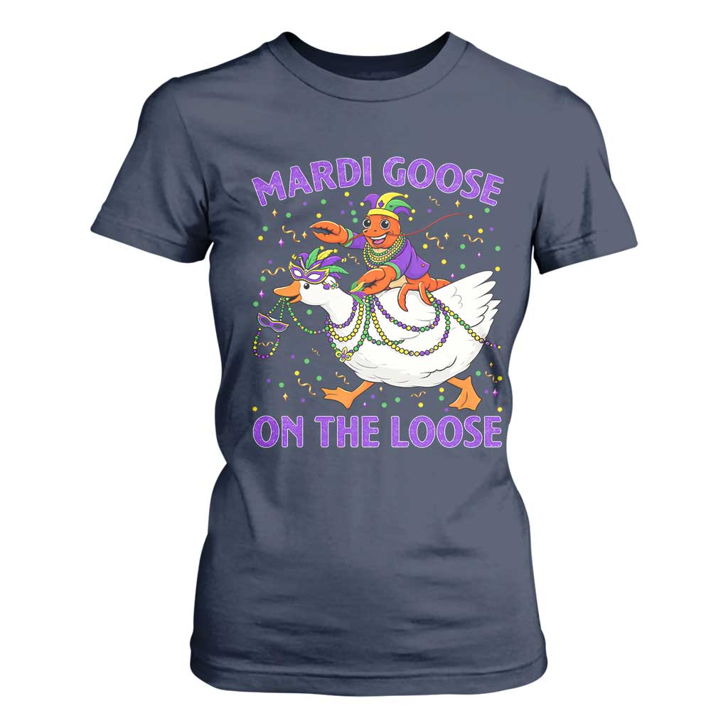 Funny Mardi Gras T Shirt For Women Goose Crawfish Carnival Trendy Meme TS14 Navy Print Your Wear