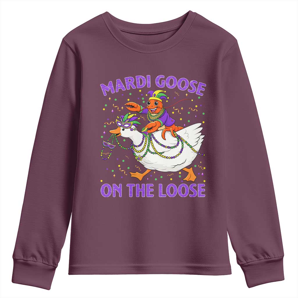 Funny Mardi Gras Youth Sweatshirt Goose Crawfish Carnival Trendy Meme TS14 Maroon Print Your Wear