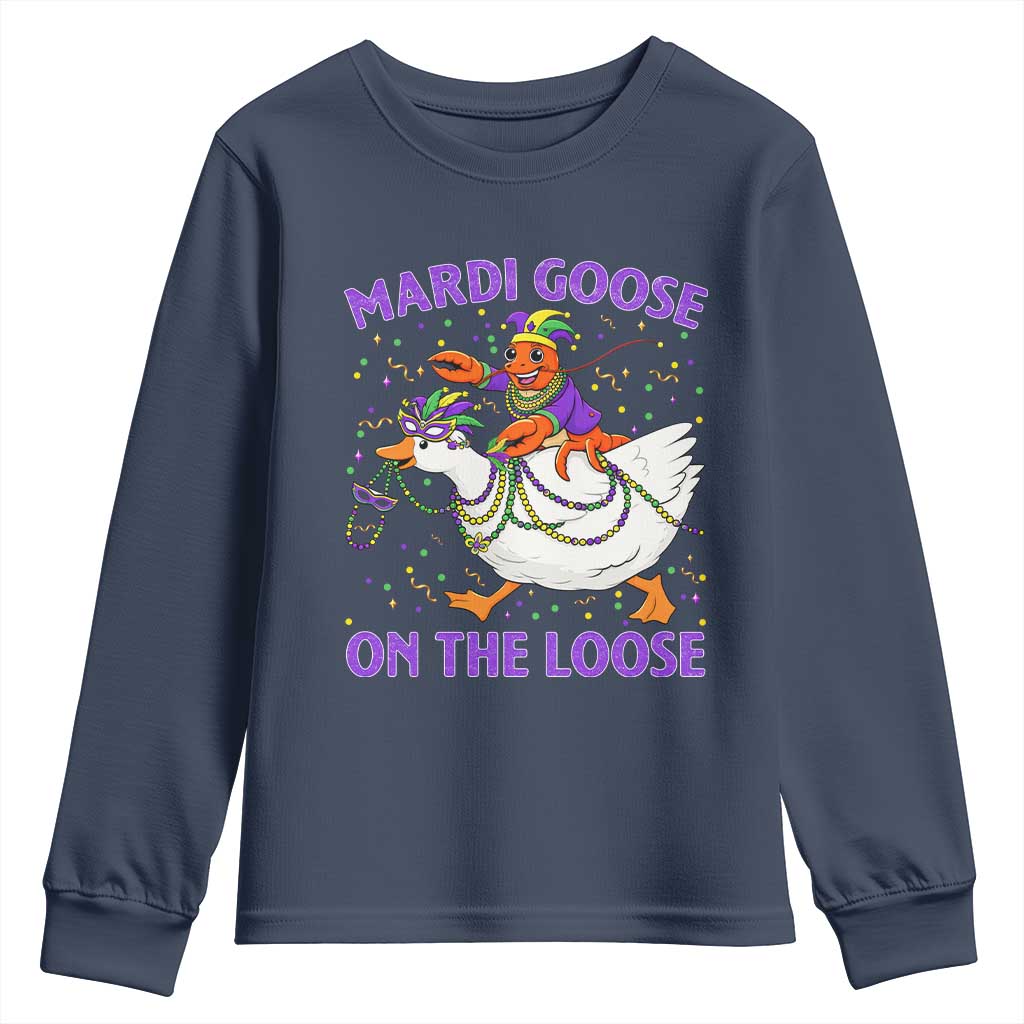 Funny Mardi Gras Youth Sweatshirt Goose Crawfish Carnival Trendy Meme TS14 Navy Print Your Wear