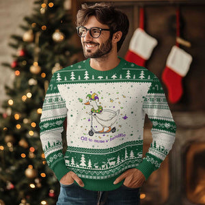 Mardi Gras Silly Goose Ugly Christmas Sweater Off To Cause A Kerfuffle TS14 Beige Green Print Your Wear