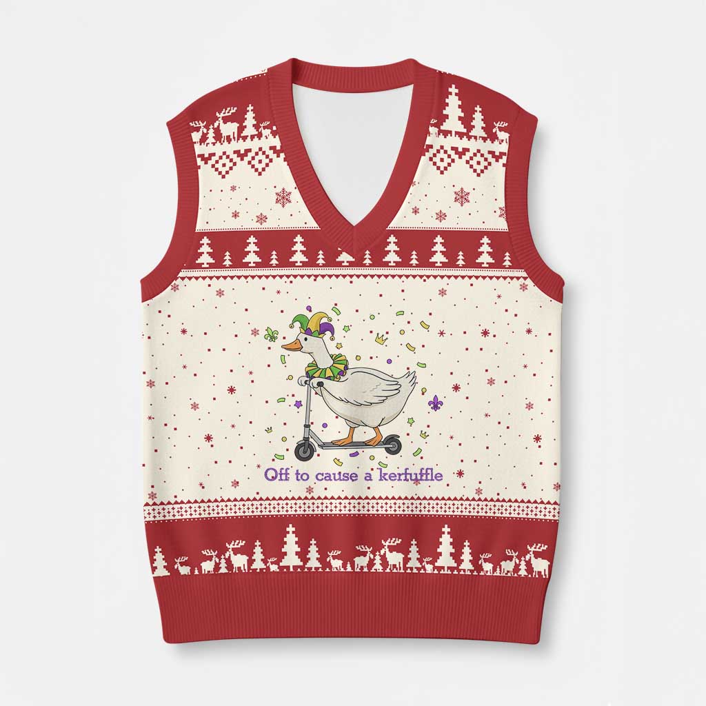 Mardi Gras Silly Goose V-Neck Knit Sweater Vest Off To Cause A Kerfuffle TS14 Beige Red Print Your Wear