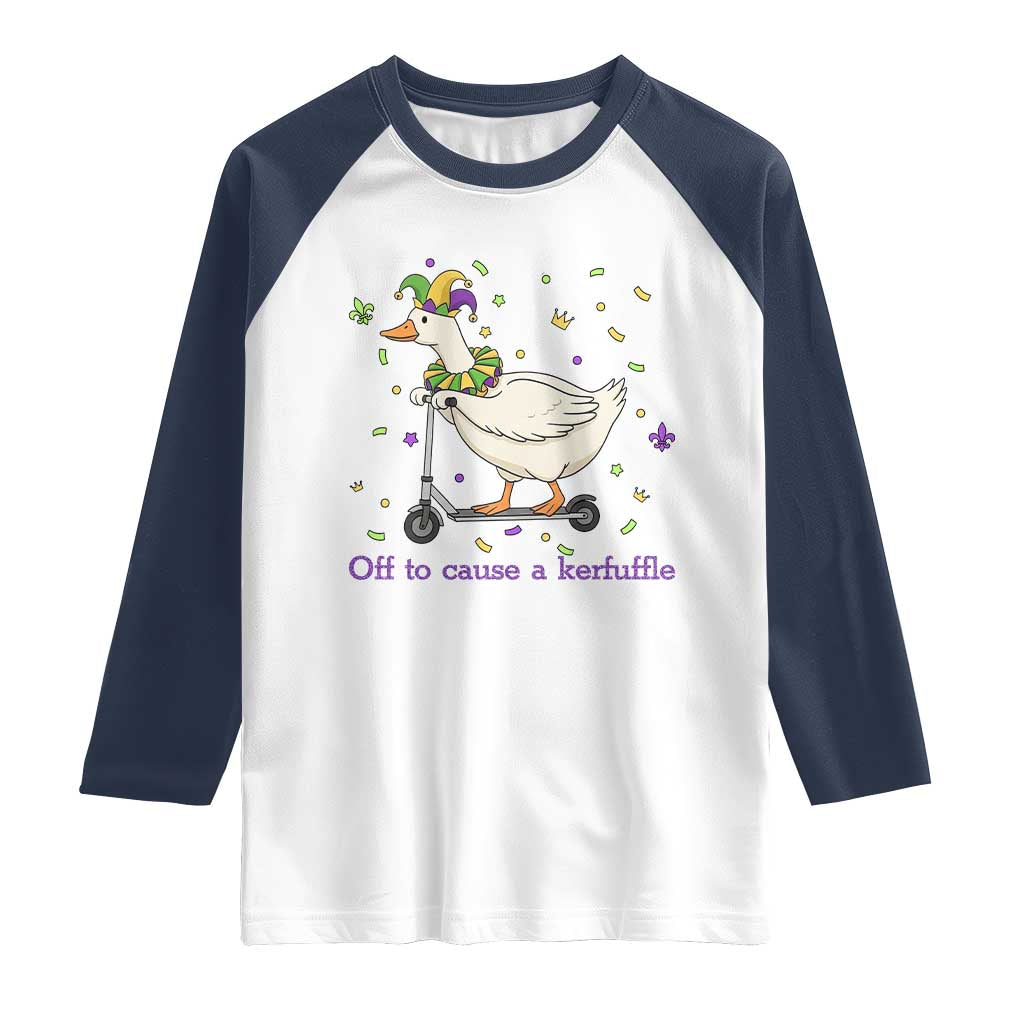 Mardi Gras Silly Goose Raglan Shirt Off To Cause A Kerfuffle TS14 White Navy Print Your Wear