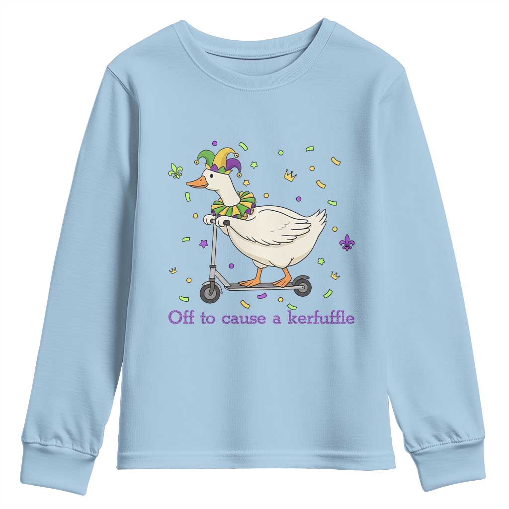 Mardi Gras Silly Goose Youth Sweatshirt Off To Cause A Kerfuffle TS14 Light Blue Print Your Wear