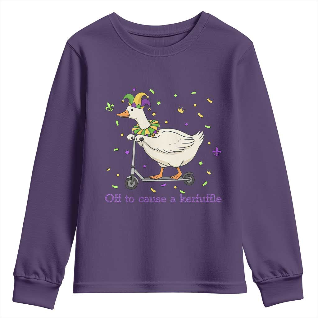 Mardi Gras Silly Goose Youth Sweatshirt Off To Cause A Kerfuffle TS14 Purple Print Your Wear