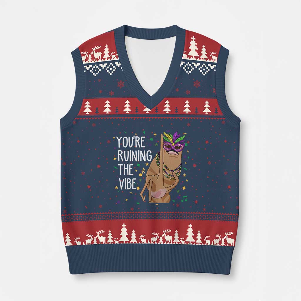 Funny Mardi Gras V-Neck Knit Sweater Vest Marcus The Worm Carnival Trendy Meme TS14 Navy Red Print Your Wear